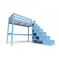 lit mezzanine bois avec escalier cube sylvia 90x200  bleu pastel cube90-bp