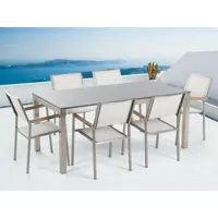 table de jardin en plateau granit gris poli 180 cm et 6 chaises en textile blanc grosseto 35855