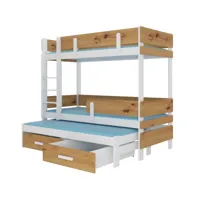 lit superposé 2 niveaux avec 2 tiroirs de rangement bois clair oak et blanc 90x200 palko