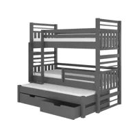lit superposé 3 couchages avec 2 tiroirs de rangement gris graphite 90x200 niko