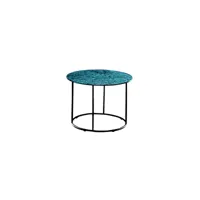 table basse iago 60 avec structure en métal et plateau rond en verre bleu