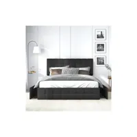 lit capitonné 140*200 cm avec 4 tiroirs et tête de lit réglable, support en métal, lin, noir, sans matelas