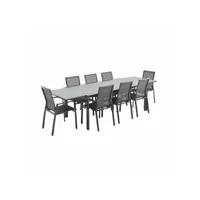 salon de jardin table extensible - washington gris foncé - table en aluminium 200-300cm. plateau en verre dépoli. rallonge et 8 fauteuils en textilène