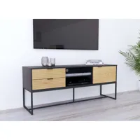 meuble tv 2 tiroirs 1 porte en bois clair et métal noir tissia
