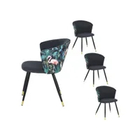 lot de 4 chaises de salle à manger fauteuil avec dossier assise rembourrée en tissu imprimé stylisé flamant pieds en métal, bleu et or