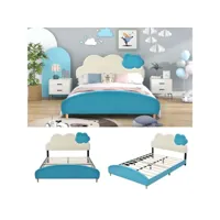 lit enfant 140x200 cm, en forme de nuage, avec sommier à lattes, tissu en pu, bleu + blanc