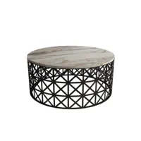 table basse ovale ellipticum support grille ajouré bois marbre blanc et métal noir
