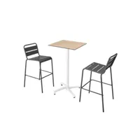 ensemble table haute stratifié chêne clair et 2 chaises hautes gris
