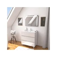 ensemble meuble de salle de bain blanc 80 cm sur pied 3 tiroirs + vasque ceramique blanche + miroir