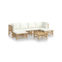 7 pcs salon de jardin - ensemble table et chaises de jardin avec coussins blanc crème bambou togp69667