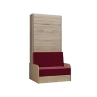 armoire lit escamotable dynamo sofa canapé accoudoirs chêne naturel tissu rouge 90*200 cm 20100892907