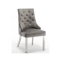 chaise capitonnée velours gris foncé clouté et pieds métal chromé elena - lot de 2
