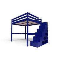 lit mezzanine bois avec escalier cube sylvia 160x200  bleu foncé cube160-df