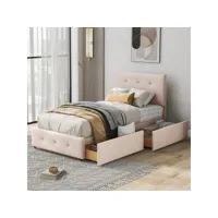 lit simple 90x200 cm en velours lit capitonné lit rembourré scandinave avec 2 tiroirs pour enfant, jeune, adlute - beige foncé