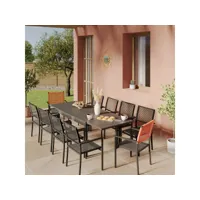 ensemble table de jardin extensible aluminium 135-270cm + 10 fauteuils empilables corde anthracite et orange-yeraz
