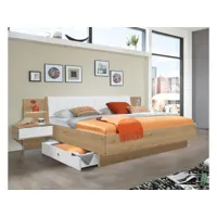 lit futon + 2 chevets en panneaux de particules imitation chêne poutre/blanc - dim : 180x200 cm -pegane-