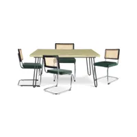 pack table à manger design industriel 120cm & 4 chaises de salle à manger en rotin - tapisserie en velours - hyre vert foncé