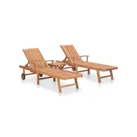 lot de 2 transats chaise longue bain de soleil lit de jardin terrasse meuble d'extérieur avec table bois de teck solide helloshop26 02_0012079
