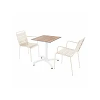 ensemble table de terrasse stratifié chêne foncé et 2 fauteuils ivoire