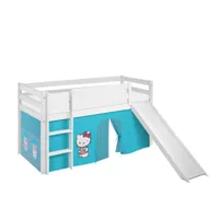 lit surélevé ludique jelle 90x190 cm hello kitty turquoise - lilokids - blanc laqué - avec toboggan et rideaux