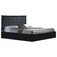 lit design avec coffre bois noir laqué et tête de lit capitonnée simili cuir noir avec led turin-couchage 160x200 cm