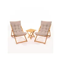 ensemble 2 chaise de jardin et 1 table basse purrault bois massif clair et tissu marron clair