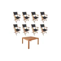 table de jardin carrée. en bois d'eucalyptus . avec trou de parasol + 8 fauteuils pliables noir