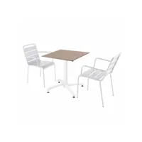 ensemble table de terrasse stratifié chêne avec 2 fauteuils blanc