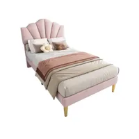 lit enfant 90 x 200 cm rose velours avec tête de lit réglable  forme de coque + pieds  métal