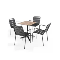 ensemble table de jardin stratifié chene foncé et 4 fauteuils gris