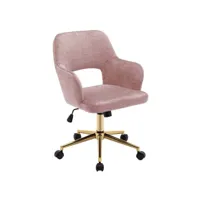 chaise fauteuil de bureau pivotante sur roulettes en tissu velours rose pieds métal doré bur09099