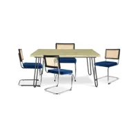 pack table à manger design industriel 120cm & 4 chaises de salle à manger en rotin - tapisserie en velours - hyre bleu foncé
