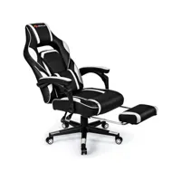 giantex chaise gaming cuir pvc, siège gamer pivotante ergonomique, fauteuil de bureau réglable en hauteur et dossier réglable, support lombaire charge 150kg blanc