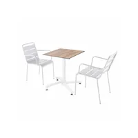 ensemble table de terrasse  stratifié chêne foncé et 2 fauteuils blanc