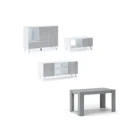 ensemble wind, buffet-meuble tv-table centrale-table fixe, structure blanc, portes et tiroirs ciment setblcemmecem