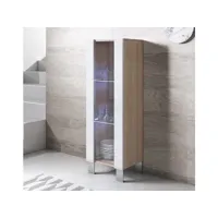 vitrine armoire 1 porte led  40 x 138 x 29cm  sonoma et blanc finition brillante  pieds aluminium  3 compartiments  meuble de rangement  modèle luke v2 visd002sowhpa-1box