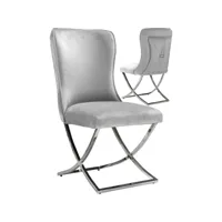 lot de 2 chaises de salle à manger design en velours gris clair et piètement croisé en acier inoxydable argenté collection alora viv-112900