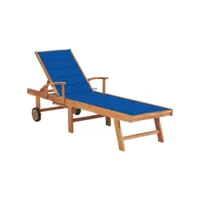 chaise longue  bain de soleil transat avec coussin bleu royal bois de teck solide meuble pro frco83520