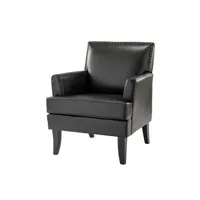 fauteuil moderne en faux cuir fauteuil sofa confortable et tapissé avec pieds en bois avec garniture en tête de clou, noir