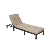 chaise longue relax bain de soleil pour jardin extérieur terrasse en poly-rotin marron coussin crème 04_0004235
