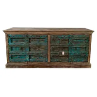 buffet, meuble de rangement en bois coloris bleu vieilli, naturel- longueur 227 x profondeur 50 x hauteur 95 cm