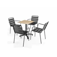 ensemble table jardin stratifié en chene naturel et 4 fauteuils gris