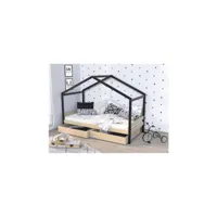 weber etoile lit cabane enfant 90x190 cm avec tiroirs - bois pin massif - naturel et noir - sommier inclus etoile1330116