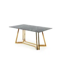table de salle à manger avec plateau en verre aspect marbre noir et piètement en métal doré clytia 599