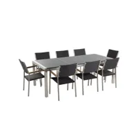 table de jardin acier inox - plateau granit triple gris poli 220 cm avec 8 chaises en rotin - grosseto 16002