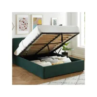 lit coffre 140x190 en velours vert avec tête de lit et sommier à lattes - tina