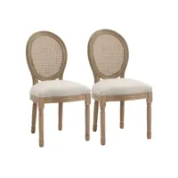 lot de 2 chaises de salle à manger - chaise de salon médaillon style louis xvi - bois massif sculpté, patiné - dossier cannage - aspect lin beige