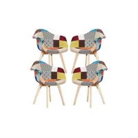 lot de 4 fauteuils patchwork scandinave tub - tissu recouvert de pieds en bois - multicolore