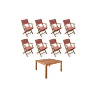 table de jardin carrée. en bois d'eucalyptus . avec trou de parasol + 8 fauteuils pliables terracotta