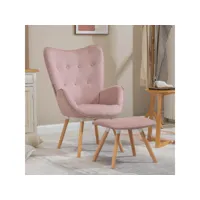 grand fauteuil avec repose pouf, revêtement en tissu rose, des accoudoirs rembourrés et des pieds en bois massif (hêtre)